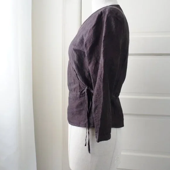 Dark Purple 100% Raw Silk Peplum Belted V Neck Top Size Small - Picture 10 of 12